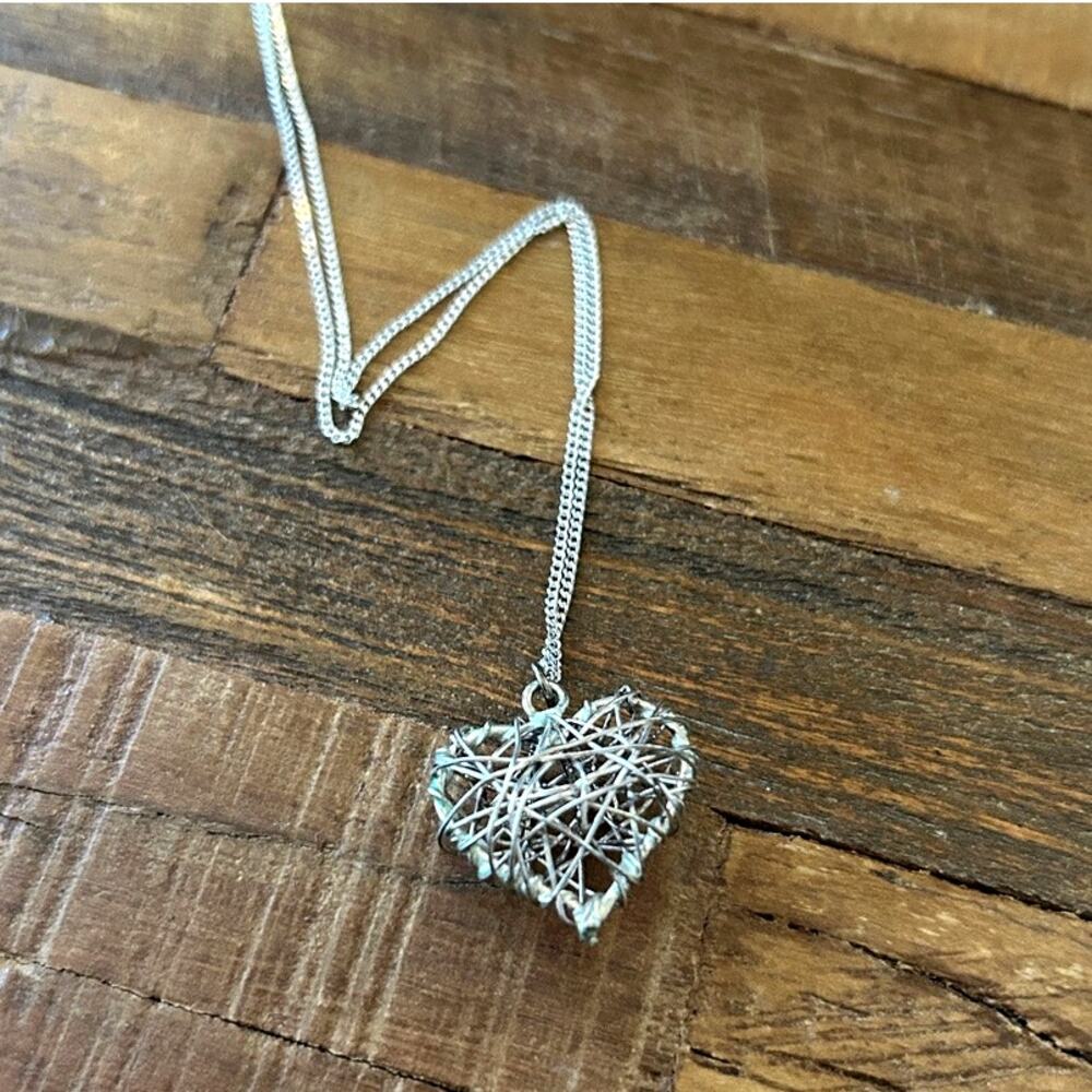 Vintage Sterling Silver Brutalist Heart Necklace Modernist Wire Wrapped Pendant